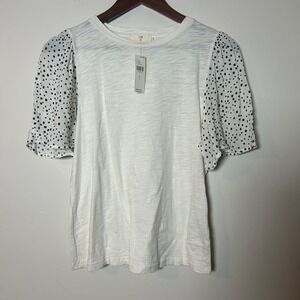 NWT t.la Puff Sleeve T-Shirt Women S White Polka Dot Mixed Media Anthropologie